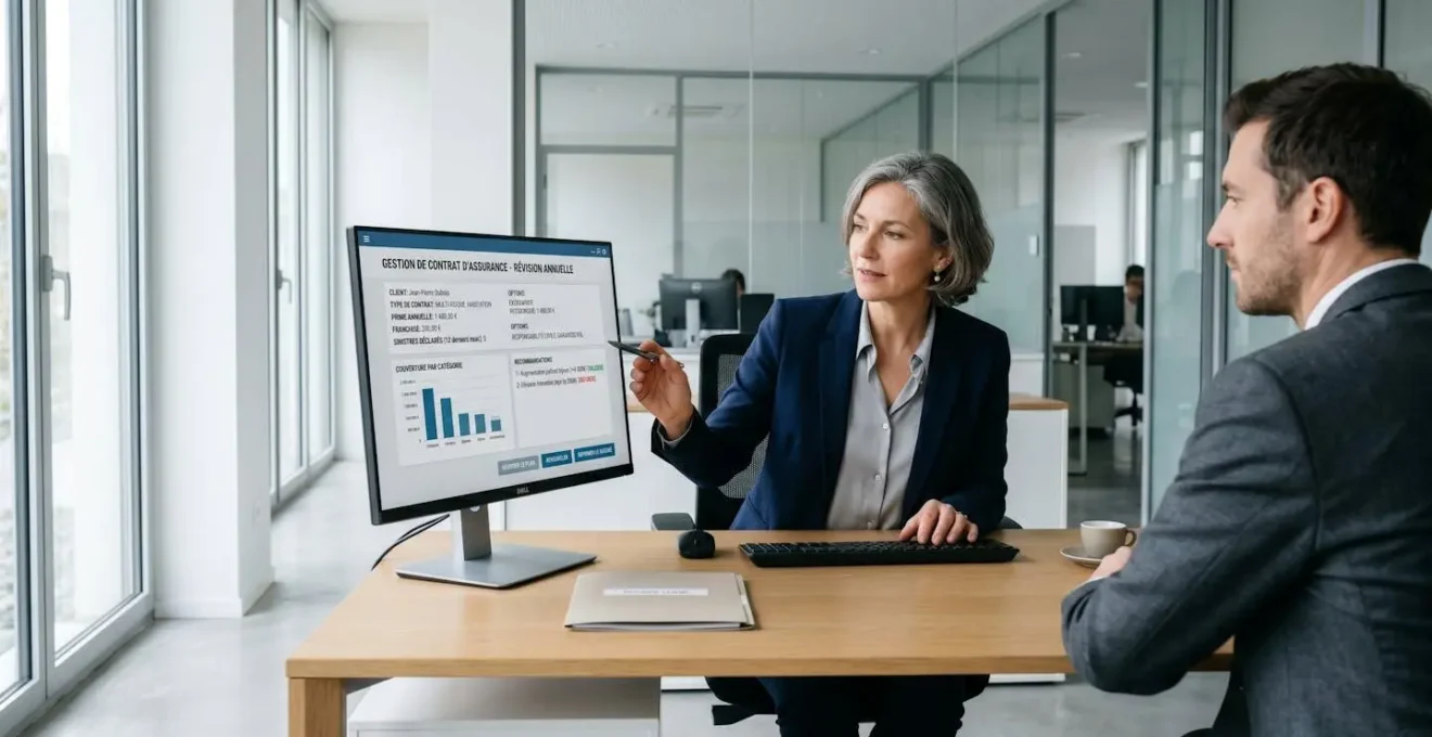 Conseiller bancaire consultant avec un client l'interface digitale d'un contrat d'assurance vie sur ordinateur moderne dans un bureau lumineux aux lignes épurées