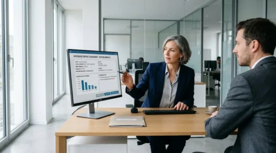 Conseiller bancaire consultant avec un client l'interface digitale d'un contrat d'assurance vie sur ordinateur moderne dans un bureau lumineux aux lignes épurées