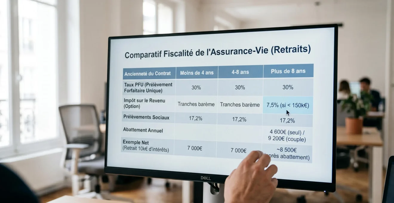 Écran d'ordinateur affichant tableau comparatif de la fiscalité des rachats d'assurance vie selon ancienneté du contrat avec barèmes 2026 détaillés en français