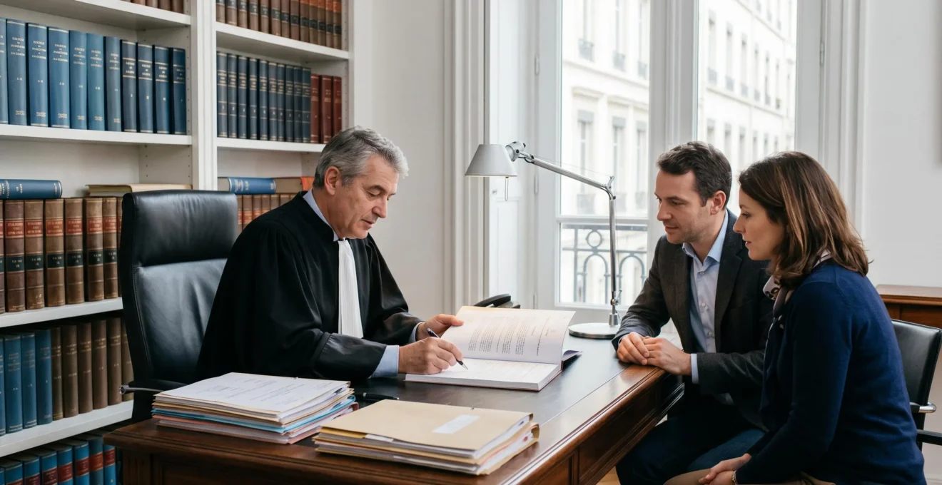 Notaire en robe noire et couple d'acquéreurs consultant acte de vente dans étude notariale française avec bibliothèque juridique en arrière-plan