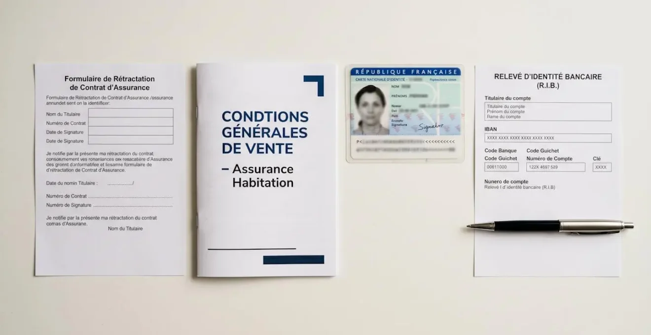 Vue aérienne de documents administratifs organisés pour un rachat d'assurance vie : formulaire officiel, conditions générales, pièce d'identité et RIB sur bureau épuré